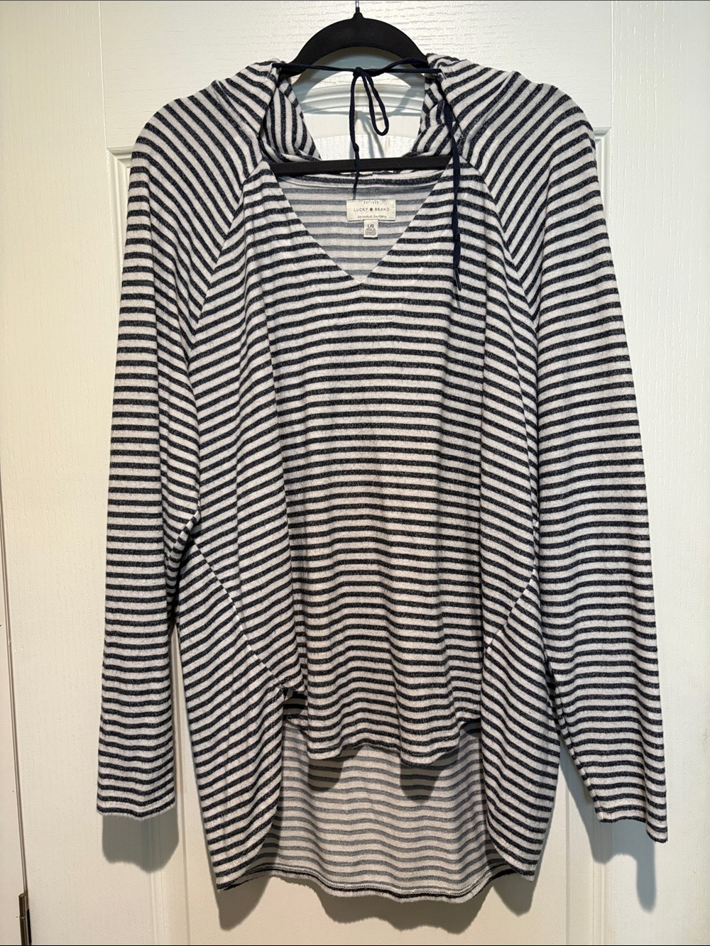 Lucky Brand Navy and White Striped V-Neck Hooded Sweater